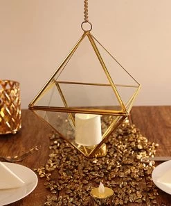 HIER_4810 9" Diamond Prism Hanging Gold Metal Geometric Glass Terrarium, Multipurpose Air Plants Holder 20 HIER_4810 9