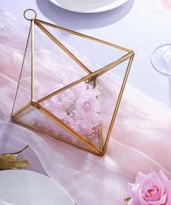 HIER_4810 9" Diamond Prism Hanging Gold Metal Geometric Glass Terrarium, Multipurpose Air Plants Holder 23 HIER_4810 9