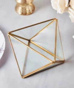 HIER_4810 9" Diamond Prism Hanging Gold Metal Geometric Glass Terrarium, Multipurpose Air Plants Holder 21 HIER_4810 9