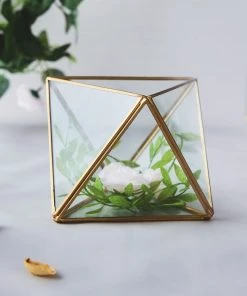 HIER_4810 9" Diamond Prism Hanging Gold Metal Geometric Glass Terrarium, Multipurpose Air Plants Holder 24 HIER_4810 9