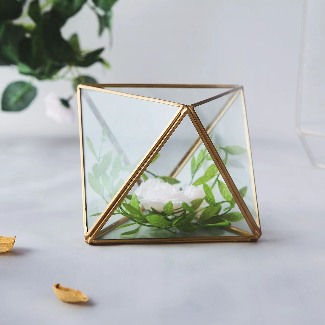 HIER_4810 9" Diamond Prism Hanging Gold Metal Geometric Glass Terrarium, Multipurpose Air Plants Holder 10 HIER_4810 9" Diamond Prism Hanging Gold Metal Geometric Glass Terrarium, Multipurpose Air Plants Holder