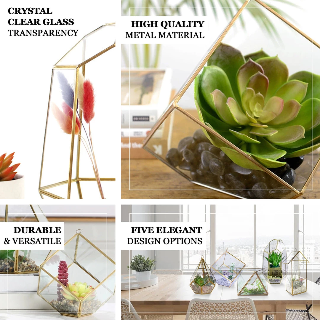 HIER_4810 9" Diamond Prism Hanging Gold Metal Geometric Glass Terrarium, Multipurpose Air Plants Holder 4 HIER_4810 9" Diamond Prism Hanging Gold Metal Geometric Glass Terrarium, Multipurpose Air Plants Holder