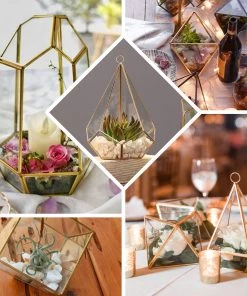 HIER_4810 9" Diamond Prism Hanging Gold Metal Geometric Glass Terrarium, Multipurpose Air Plants Holder 19 HIER_4810 9