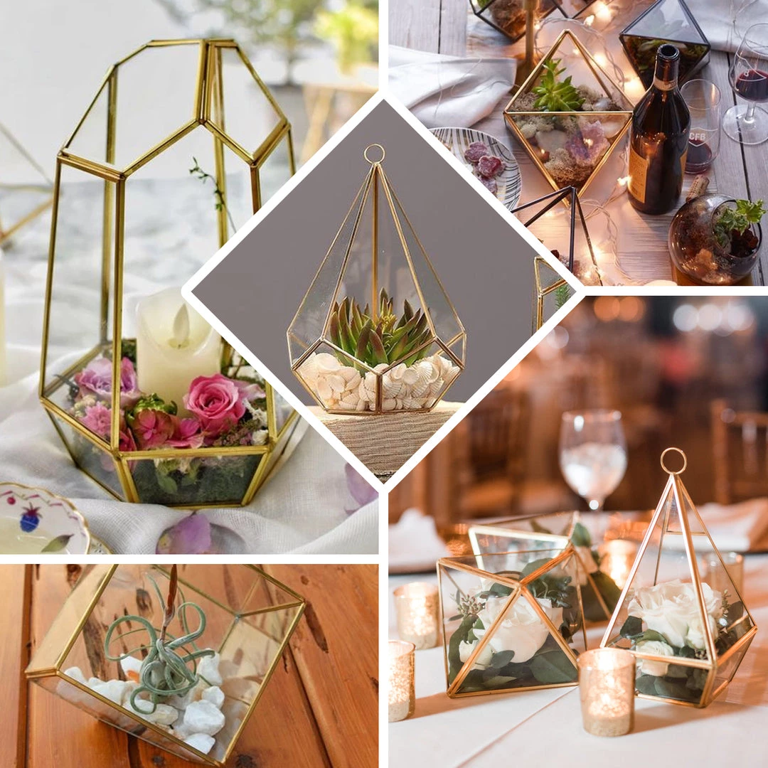 HIER_4810 9" Diamond Prism Hanging Gold Metal Geometric Glass Terrarium, Multipurpose Air Plants Holder 5 HIER_4810 9" Diamond Prism Hanging Gold Metal Geometric Glass Terrarium, Multipurpose Air Plants Holder
