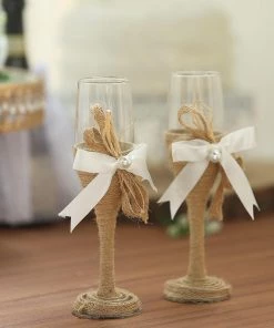 HIER_3900 Set Of 2 | 9" Clear Wedding Champagne Flutes | Rustic Wedding Toasting Glasses Disposable Dinnerware