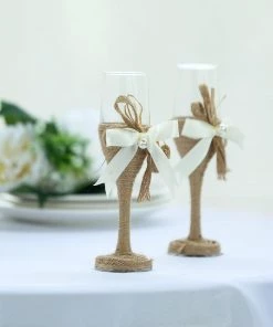 HIER_3900 Set Of 2 | 9" Clear Wedding Champagne Flutes | Rustic Wedding Toasting Glasses Disposable Dinnerware