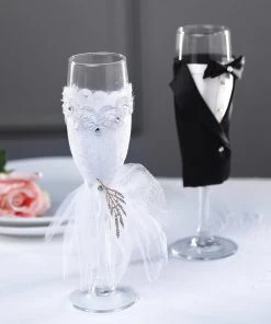 HIER_3900 Set Of 2 | 9" Clear Wedding Champagne Flutes | Wedding Toasting Glasses With Black And White Tuxedo Dress Koozie