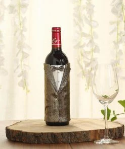 HIER_3900 7" Gold Groom Tuxedo Wine Bottle Cover | Wine Koozie Disposable Dinnerware