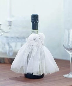 HIER_3900 8" Wedding Dress Wine Bottle Cover With Floral Ribbon & Rhinestone | Wine Koozie Disposable Dinnerware