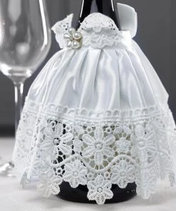 HIER_3900 8" Bridal Dress Wine Bottle Cover With Satin Ribbon & Rhinestone | Lace Trim Wine Koozie Disposable Dinnerware
