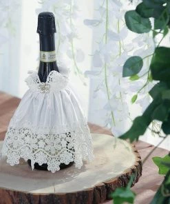 HIER_3900 8" Bridal Dress Wine Bottle Cover With Satin Ribbon & Rhinestone | Lace Trim Wine Koozie Disposable Dinnerware 20 HIER_3900 8
