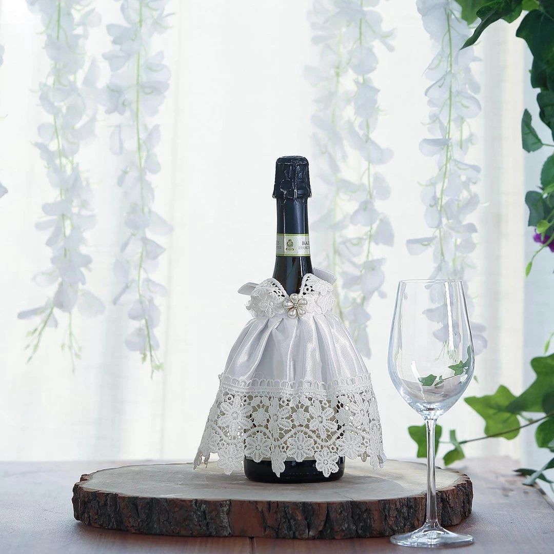 HIER_3900 8" Bridal Dress Wine Bottle Cover With Satin Ribbon & Rhinestone | Lace Trim Wine Koozie Disposable Dinnerware 9 HIER_3900 8" Bridal Dress Wine Bottle Cover With Satin Ribbon & Rhinestone | Lace Trim Wine Koozie Disposable Dinnerware