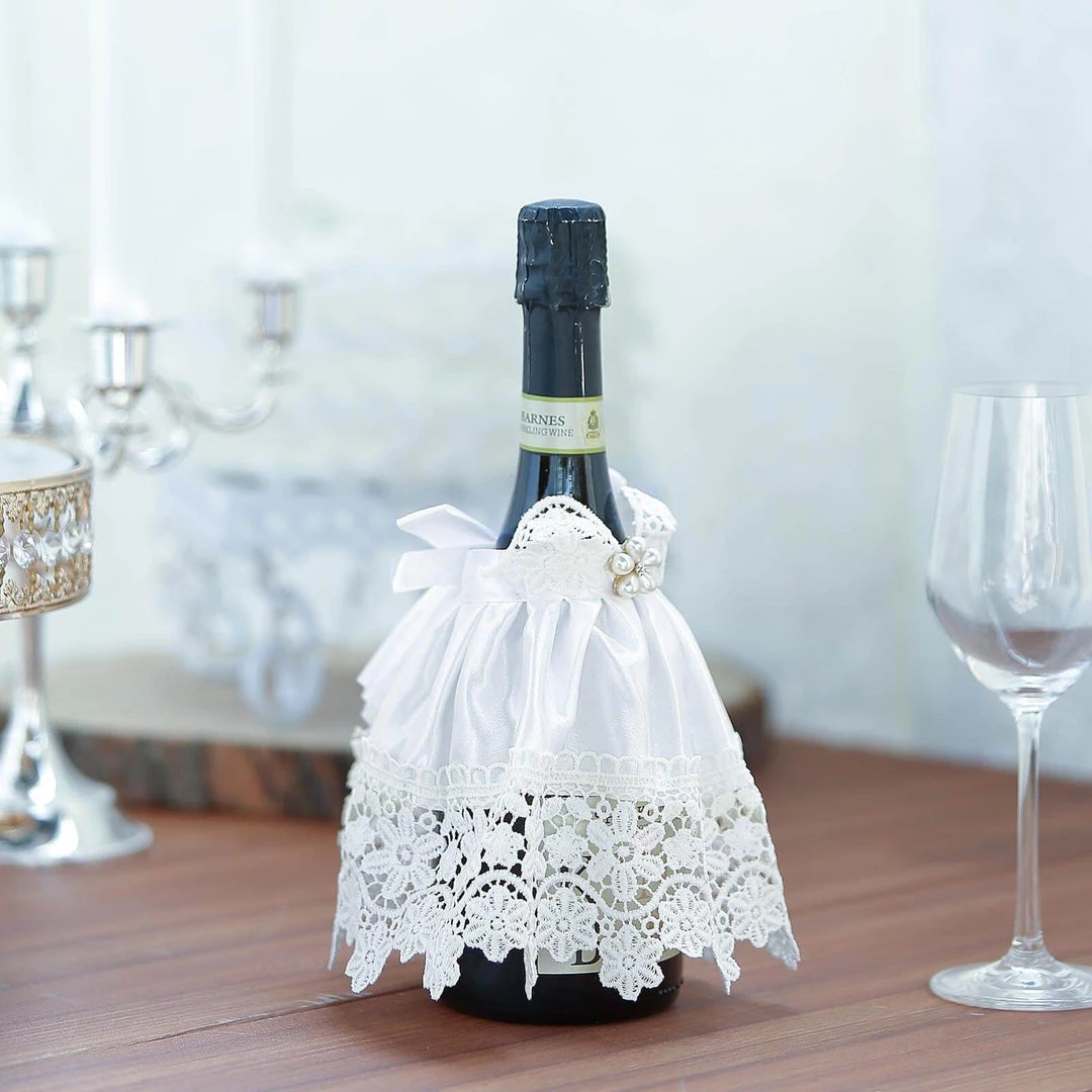 HIER_3900 8" Bridal Dress Wine Bottle Cover With Satin Ribbon & Rhinestone | Lace Trim Wine Koozie Disposable Dinnerware 10 HIER_3900 8" Bridal Dress Wine Bottle Cover With Satin Ribbon & Rhinestone | Lace Trim Wine Koozie Disposable Dinnerware