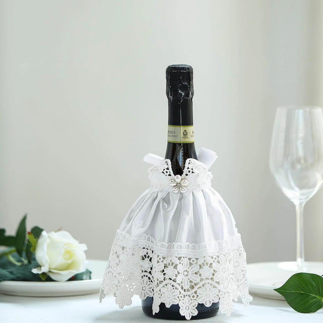 HIER_3900 8" Bridal Dress Wine Bottle Cover With Satin Ribbon & Rhinestone | Lace Trim Wine Koozie Disposable Dinnerware 11 HIER_3900 8" Bridal Dress Wine Bottle Cover With Satin Ribbon & Rhinestone | Lace Trim Wine Koozie Disposable Dinnerware