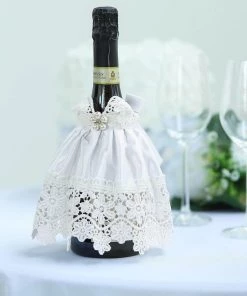 HIER_3900 8" Bridal Dress Wine Bottle Cover With Satin Ribbon & Rhinestone | Lace Trim Wine Koozie Disposable Dinnerware