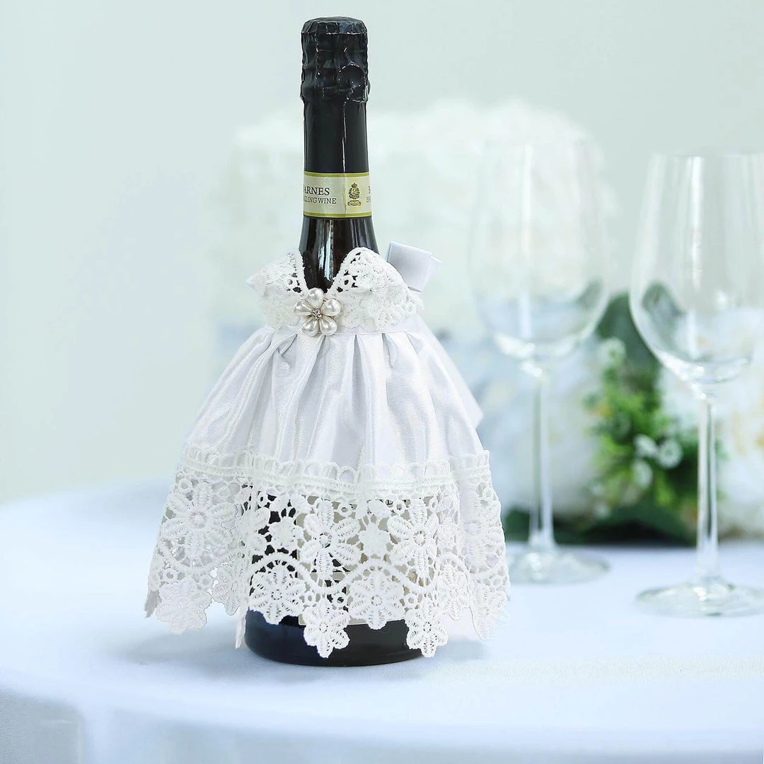 HIER_3900 8" Bridal Dress Wine Bottle Cover With Satin Ribbon & Rhinestone | Lace Trim Wine Koozie Disposable Dinnerware 1 HIER_3900 8" Bridal Dress Wine Bottle Cover With Satin Ribbon & Rhinestone | Lace Trim Wine Koozie Disposable Dinnerware