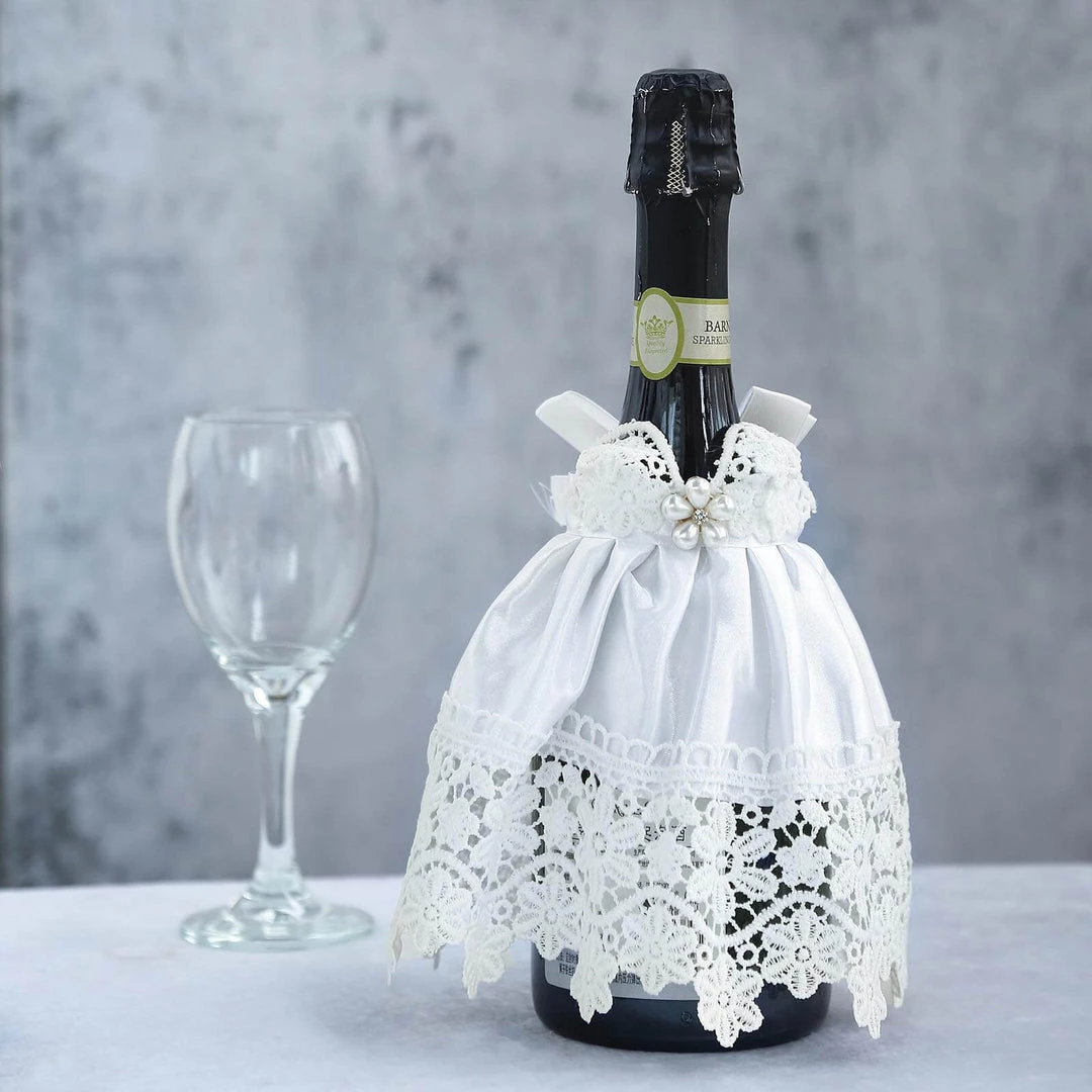 HIER_3900 8" Bridal Dress Wine Bottle Cover With Satin Ribbon & Rhinestone | Lace Trim Wine Koozie Disposable Dinnerware 7 HIER_3900 8" Bridal Dress Wine Bottle Cover With Satin Ribbon & Rhinestone | Lace Trim Wine Koozie Disposable Dinnerware