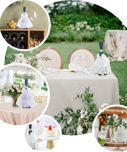 HIER_3900 8" Bridal Dress Wine Bottle Cover With Satin Ribbon & Rhinestone | Lace Trim Wine Koozie Disposable Dinnerware 17 HIER_3900 8