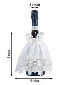 HIER_3900 8" Bridal Dress Wine Bottle Cover With Satin Ribbon & Rhinestone | Lace Trim Wine Koozie Disposable Dinnerware 15 HIER_3900 8