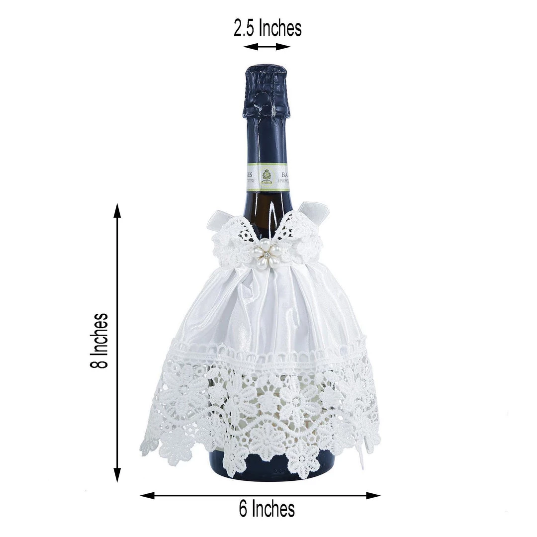 HIER_3900 8" Bridal Dress Wine Bottle Cover With Satin Ribbon & Rhinestone | Lace Trim Wine Koozie Disposable Dinnerware 3 HIER_3900 8" Bridal Dress Wine Bottle Cover With Satin Ribbon & Rhinestone | Lace Trim Wine Koozie Disposable Dinnerware