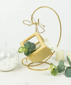HIER_5170 Chargers & Centerpieces 2 Pack | 10" Tall Gold Glass Terrarium Air Plant Holder, Metal Hanging Ornament Display Stand
