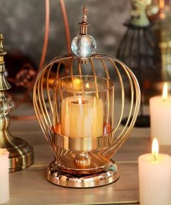 HIER_4300 12" Gold Metal Cage Glass Votive Candle Holder With Crystal Baroque Top