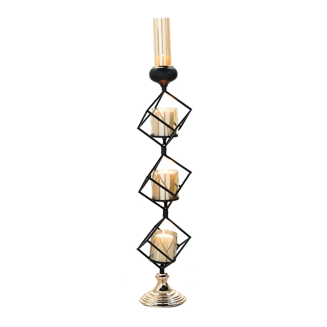 HIER_4330 Chargers & Centerpieces Geometric Candle Holders Wholesale With Amber Glass Votives | 28" | Metallic Gold & Black | 3 Tiers Stacked Design 13 HIER_4330 Chargers & Centerpieces Geometric Candle Holders Wholesale With Amber Glass Votives | 28" | Metallic Gold & Black | 3 Tiers Stacked Design