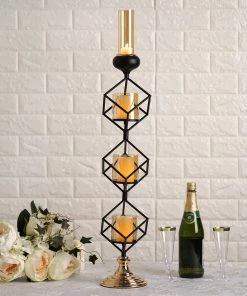 HIER_4330 Chargers & Centerpieces Geometric Candle Holders Wholesale With Amber Glass Votives | 28" | Metallic Gold & Black | 3 Tiers Stacked Design 18 HIER_4330 Chargers & Centerpieces Geometric Candle Holders Wholesale With Amber Glass Votives | 28