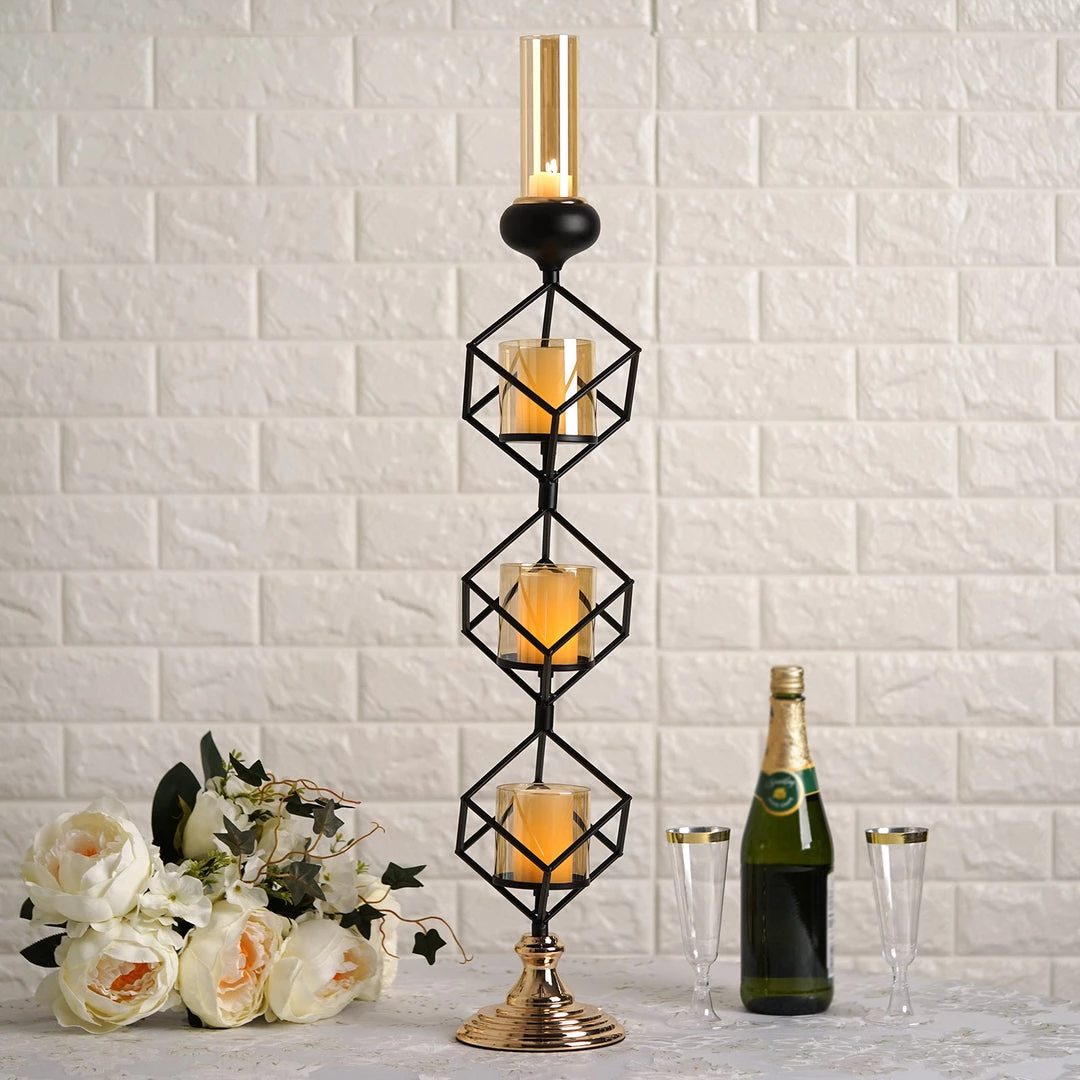 HIER_4330 Chargers & Centerpieces Geometric Candle Holders Wholesale With Amber Glass Votives | 28" | Metallic Gold & Black | 3 Tiers Stacked Design 6 HIER_4330 Chargers & Centerpieces Geometric Candle Holders Wholesale With Amber Glass Votives | 28" | Metallic Gold & Black | 3 Tiers Stacked Design