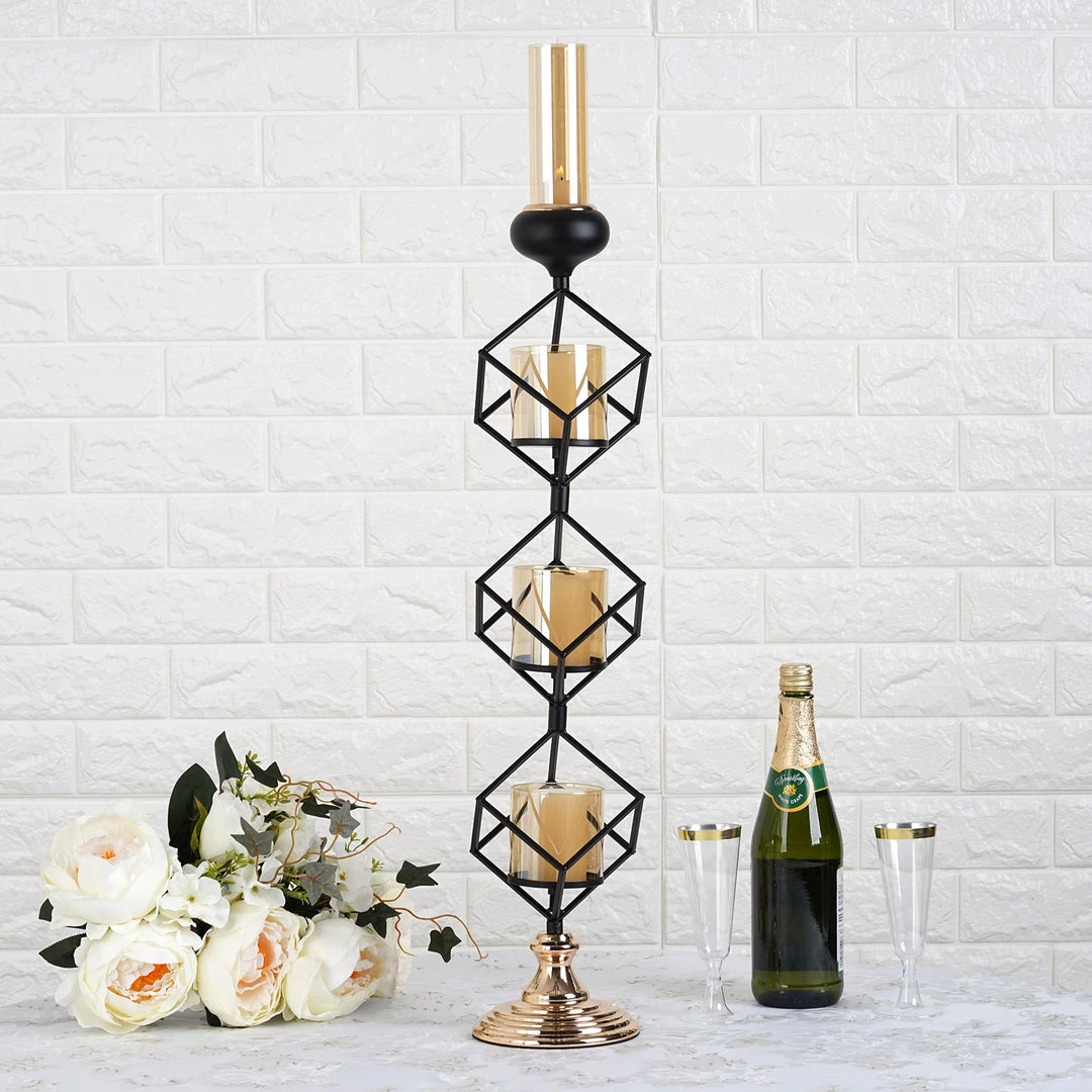 HIER_4330 Chargers & Centerpieces Geometric Candle Holders Wholesale With Amber Glass Votives | 28" | Metallic Gold & Black | 3 Tiers Stacked Design 7 HIER_4330 Chargers & Centerpieces Geometric Candle Holders Wholesale With Amber Glass Votives | 28" | Metallic Gold & Black | 3 Tiers Stacked Design