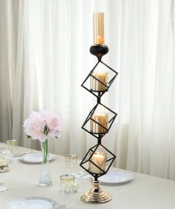HIER_4330 Chargers & Centerpieces Geometric Candle Holders Wholesale With Amber Glass Votives | 28" | Metallic Gold & Black | 3 Tiers Stacked Design