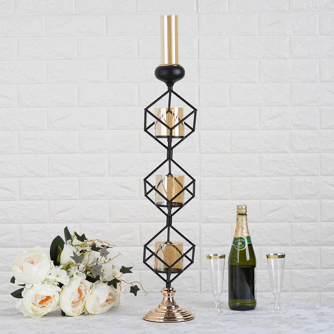 HIER_4330 Chargers & Centerpieces Geometric Candle Holders Wholesale With Amber Glass Votives | 28" | Metallic Gold & Black | 3 Tiers Stacked Design 1 HIER_4330 Chargers & Centerpieces Geometric Candle Holders Wholesale With Amber Glass Votives | 28" | Metallic Gold & Black | 3 Tiers Stacked Design