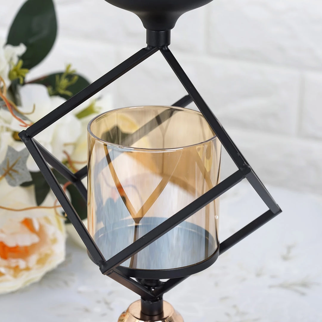HIER_4330 Chargers & Centerpieces Geometric Candle Holders Wholesale With Amber Glass Votives | 28" | Metallic Gold & Black | 3 Tiers Stacked Design 9 HIER_4330 Chargers & Centerpieces Geometric Candle Holders Wholesale With Amber Glass Votives | 28" | Metallic Gold & Black | 3 Tiers Stacked Design