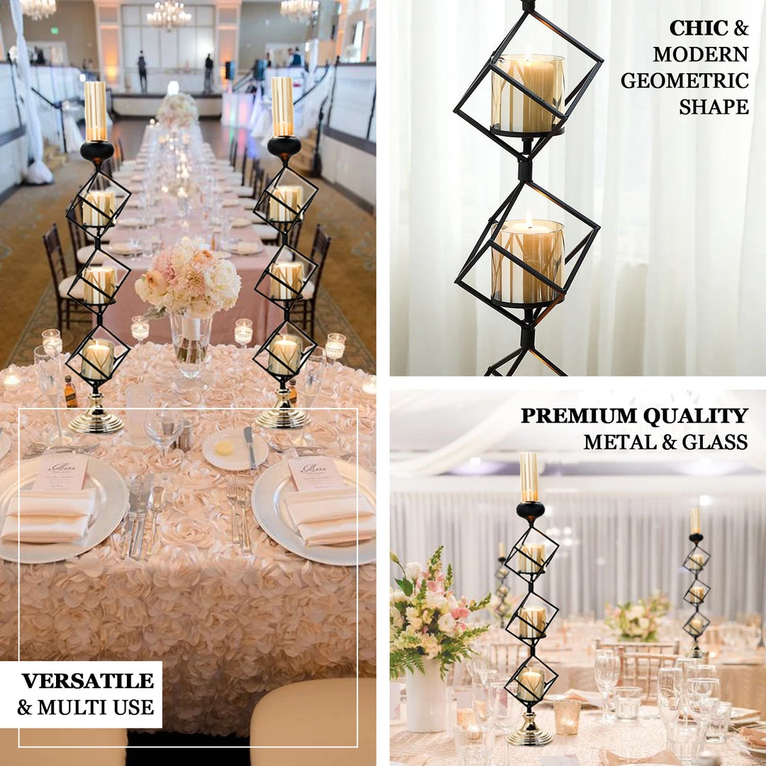 HIER_4330 Chargers & Centerpieces Geometric Candle Holders Wholesale With Amber Glass Votives | 28" | Metallic Gold & Black | 3 Tiers Stacked Design 4 HIER_4330 Chargers & Centerpieces Geometric Candle Holders Wholesale With Amber Glass Votives | 28" | Metallic Gold & Black | 3 Tiers Stacked Design