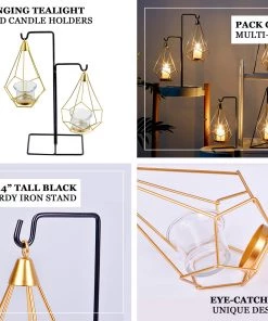 HIER_4330 Pack Of 2 | 8" Gold Hanging Geometric Tealight Candle Holders With 14" Tall Black Iron Stand Chargers & Centerpieces 11 HIER_4330 Pack Of 2 | 8