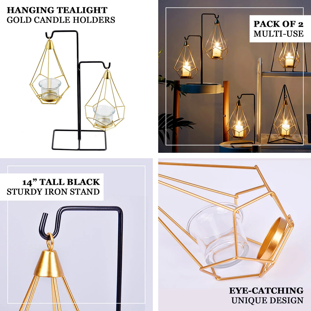 HIER_4330 Pack Of 2 | 8" Gold Hanging Geometric Tealight Candle Holders With 14" Tall Black Iron Stand Chargers & Centerpieces 4 HIER_4330 Pack Of 2 | 8" Gold Hanging Geometric Tealight Candle Holders With 14" Tall Black Iron Stand Chargers & Centerpieces