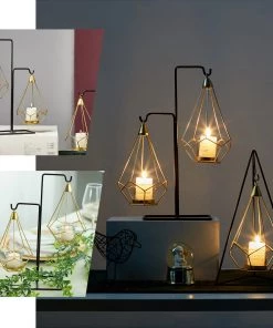 HIER_4330 Pack Of 2 | 8" Gold Hanging Geometric Tealight Candle Holders With 14" Tall Black Iron Stand Chargers & Centerpieces 12 HIER_4330 Pack Of 2 | 8