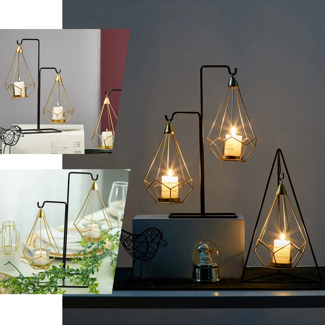 HIER_4330 Pack Of 2 | 8" Gold Hanging Geometric Tealight Candle Holders With 14" Tall Black Iron Stand Chargers & Centerpieces 5 HIER_4330 Pack Of 2 | 8" Gold Hanging Geometric Tealight Candle Holders With 14" Tall Black Iron Stand Chargers & Centerpieces