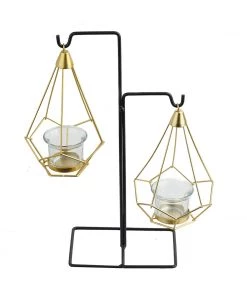 HIER_4330 Pack Of 2 | 8" Gold Hanging Geometric Tealight Candle Holders With 14" Tall Black Iron Stand Chargers & Centerpieces 15 HIER_4330 Pack Of 2 | 8