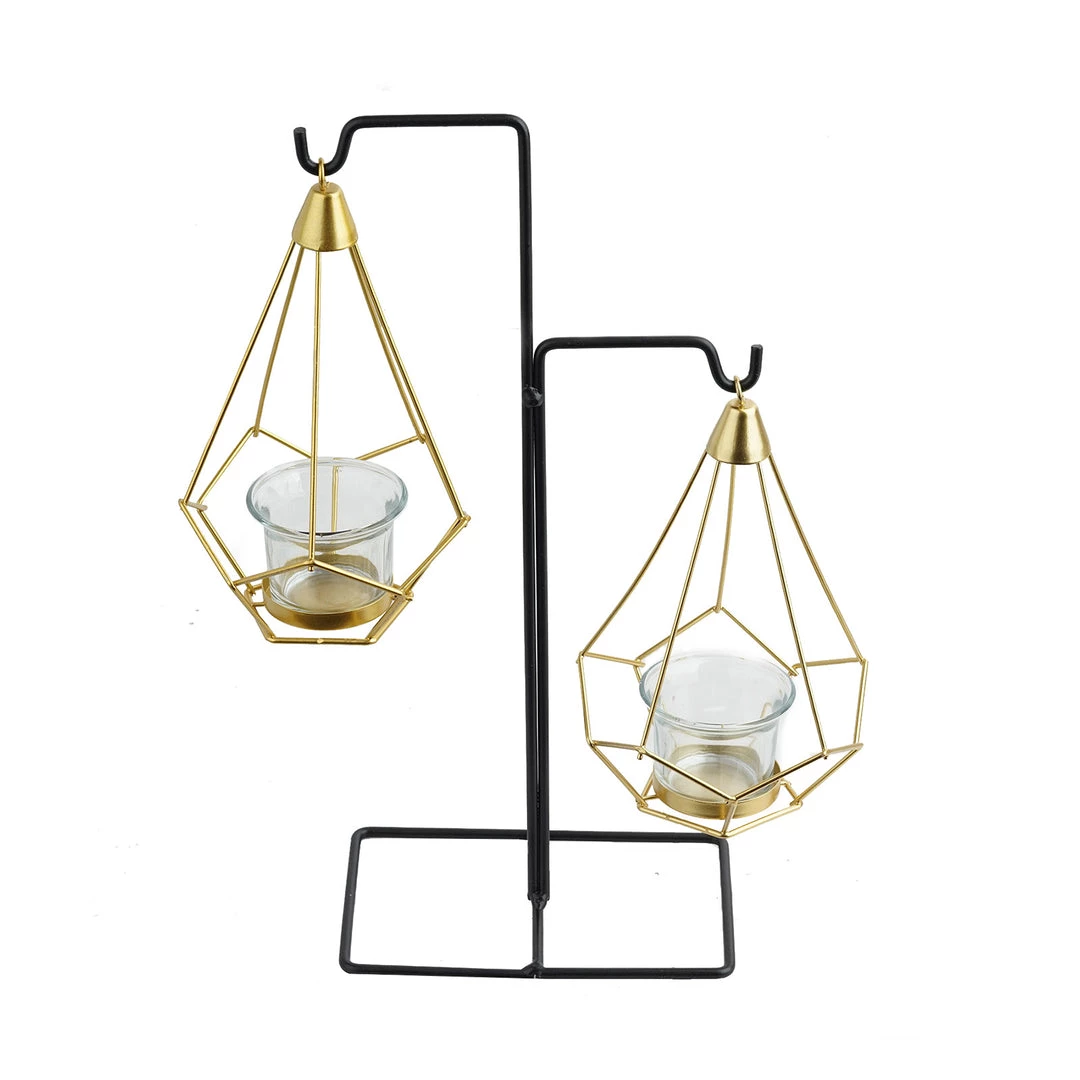 HIER_4330 Pack Of 2 | 8" Gold Hanging Geometric Tealight Candle Holders With 14" Tall Black Iron Stand Chargers & Centerpieces 8 HIER_4330 Pack Of 2 | 8" Gold Hanging Geometric Tealight Candle Holders With 14" Tall Black Iron Stand Chargers & Centerpieces