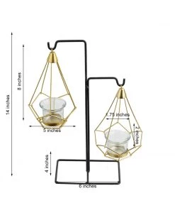 HIER_4330 Pack Of 2 | 8" Gold Hanging Geometric Tealight Candle Holders With 14" Tall Black Iron Stand Chargers & Centerpieces 10 HIER_4330 Pack Of 2 | 8
