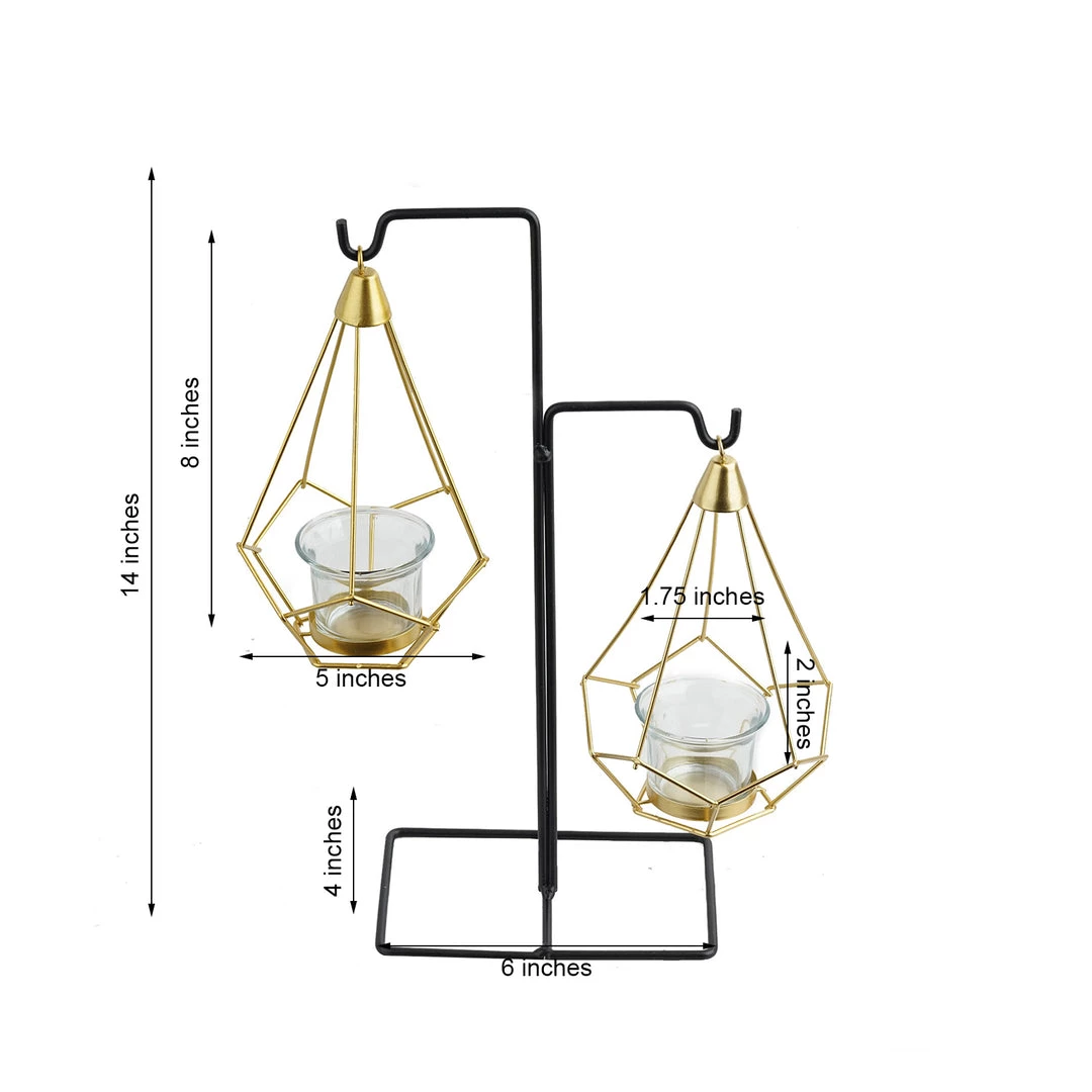HIER_4330 Pack Of 2 | 8" Gold Hanging Geometric Tealight Candle Holders With 14" Tall Black Iron Stand Chargers & Centerpieces 3 HIER_4330 Pack Of 2 | 8" Gold Hanging Geometric Tealight Candle Holders With 14" Tall Black Iron Stand Chargers & Centerpieces