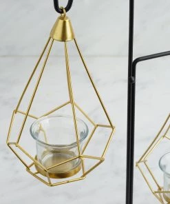 HIER_4330 Pack Of 2 | 8" Gold Hanging Geometric Tealight Candle Holders With 14" Tall Black Iron Stand Chargers & Centerpieces