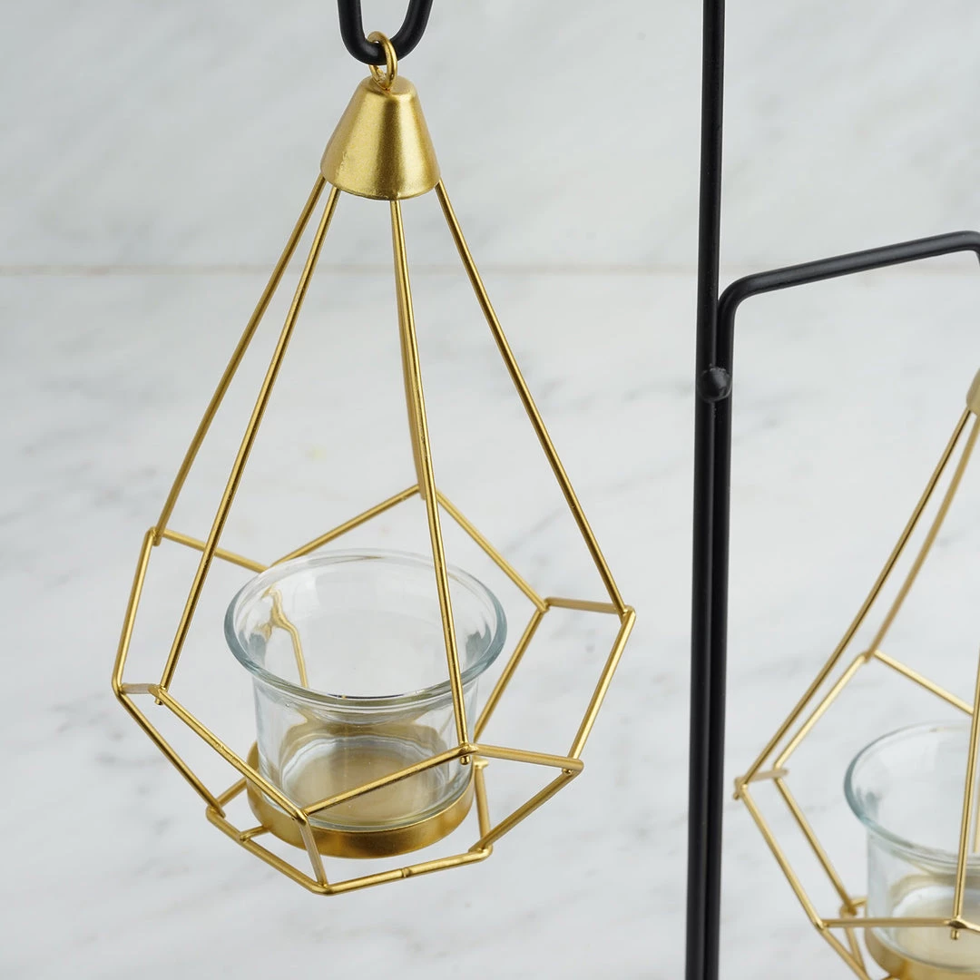 HIER_4330 Pack Of 2 | 8" Gold Hanging Geometric Tealight Candle Holders With 14" Tall Black Iron Stand Chargers & Centerpieces 2 HIER_4330 Pack Of 2 | 8" Gold Hanging Geometric Tealight Candle Holders With 14" Tall Black Iron Stand Chargers & Centerpieces