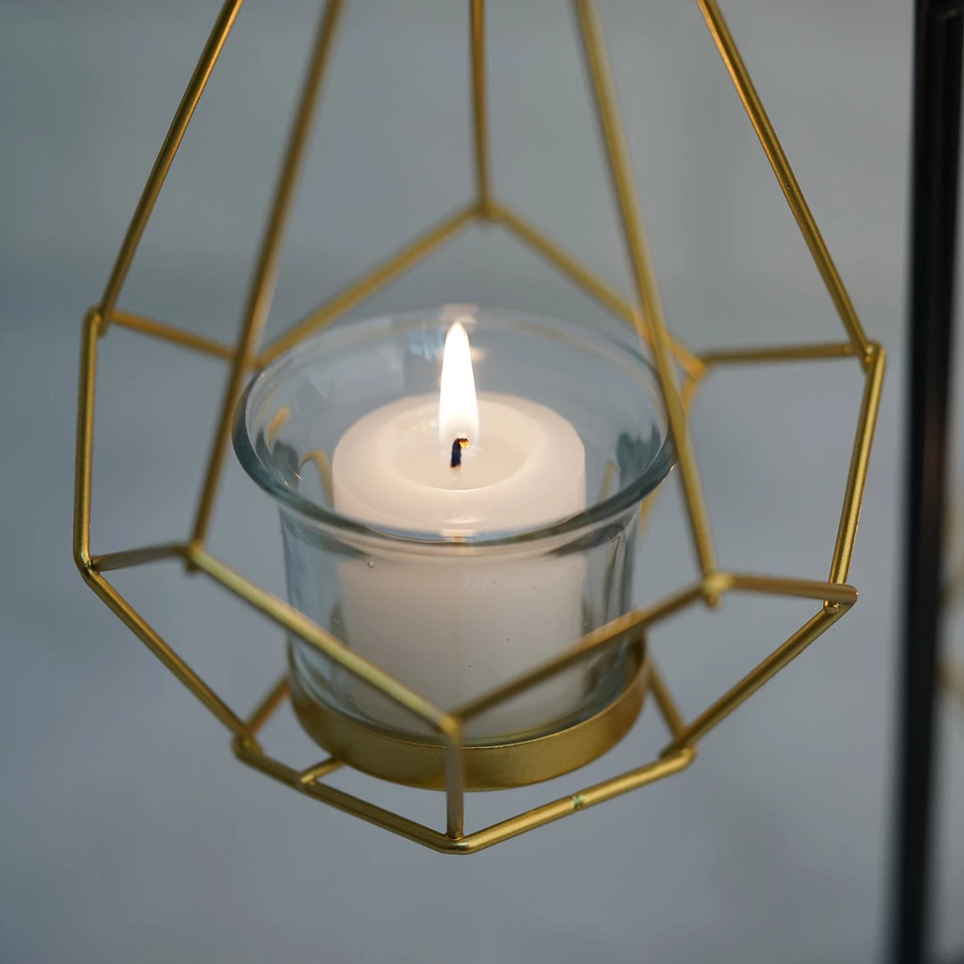 HIER_4330 Pack Of 2 | 8" Gold Hanging Geometric Tealight Candle Holders With 14" Tall Black Iron Stand Chargers & Centerpieces 6 HIER_4330 Pack Of 2 | 8" Gold Hanging Geometric Tealight Candle Holders With 14" Tall Black Iron Stand Chargers & Centerpieces