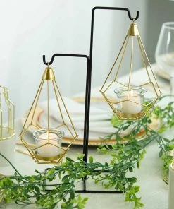 HIER_4330 Pack Of 2 | 8" Gold Hanging Geometric Tealight Candle Holders With 14" Tall Black Iron Stand Chargers & Centerpieces 14 HIER_4330 Pack Of 2 | 8