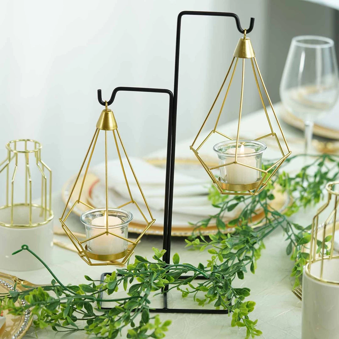 HIER_4330 Pack Of 2 | 8" Gold Hanging Geometric Tealight Candle Holders With 14" Tall Black Iron Stand Chargers & Centerpieces 7 HIER_4330 Pack Of 2 | 8" Gold Hanging Geometric Tealight Candle Holders With 14" Tall Black Iron Stand Chargers & Centerpieces