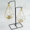HIER_4330 Pack Of 2 | 8" Gold Hanging Geometric Tealight Candle Holders With 14" Tall Black Iron Stand Chargers & Centerpieces