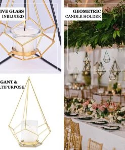 HIER_4330 16" Gold Geometric Candle Holder Set | Linked Metal Geometric Centerpieces With Votive Glass Holders 18 HIER_4330 16