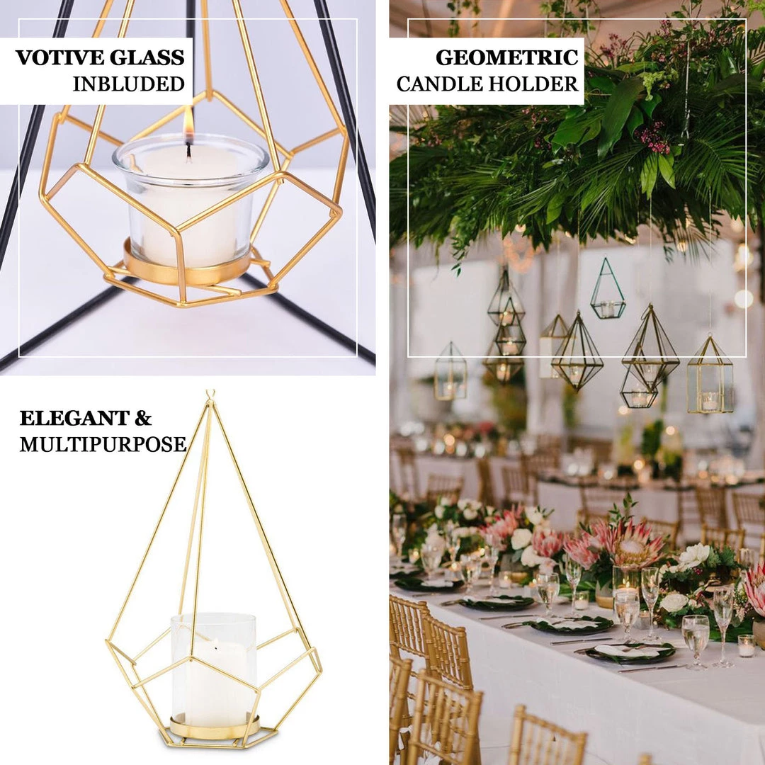 HIER_4330 16" Gold Geometric Candle Holder Set | Linked Metal Geometric Centerpieces With Votive Glass Holders 4 HIER_4330 16" Gold Geometric Candle Holder Set | Linked Metal Geometric Centerpieces With Votive Glass Holders